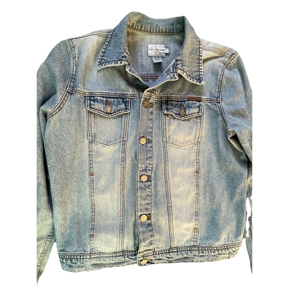 Vintage Y2K Calvin‎ Klein Light Wash Denim Trucker Jacket Women's Large EUC
